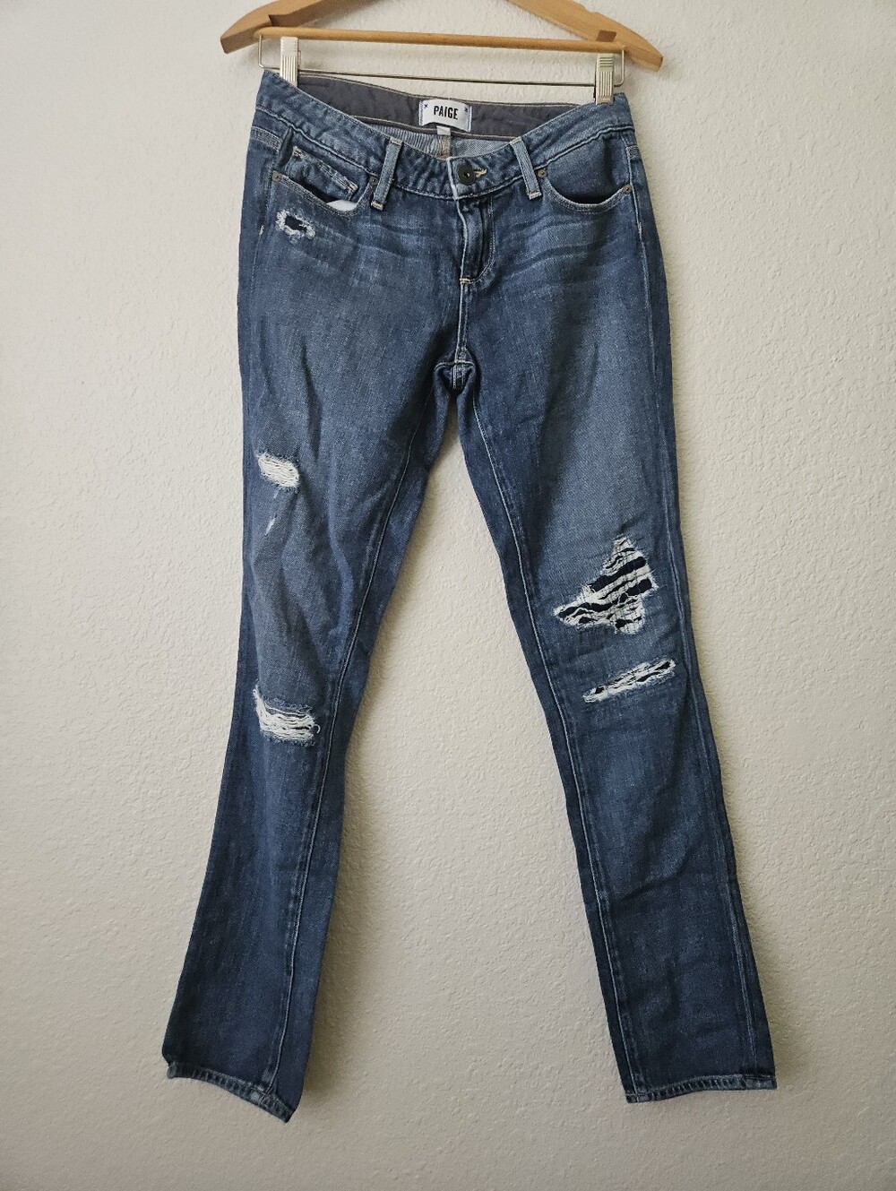 Paige distressed jeans, 25 dark wash, patchwork